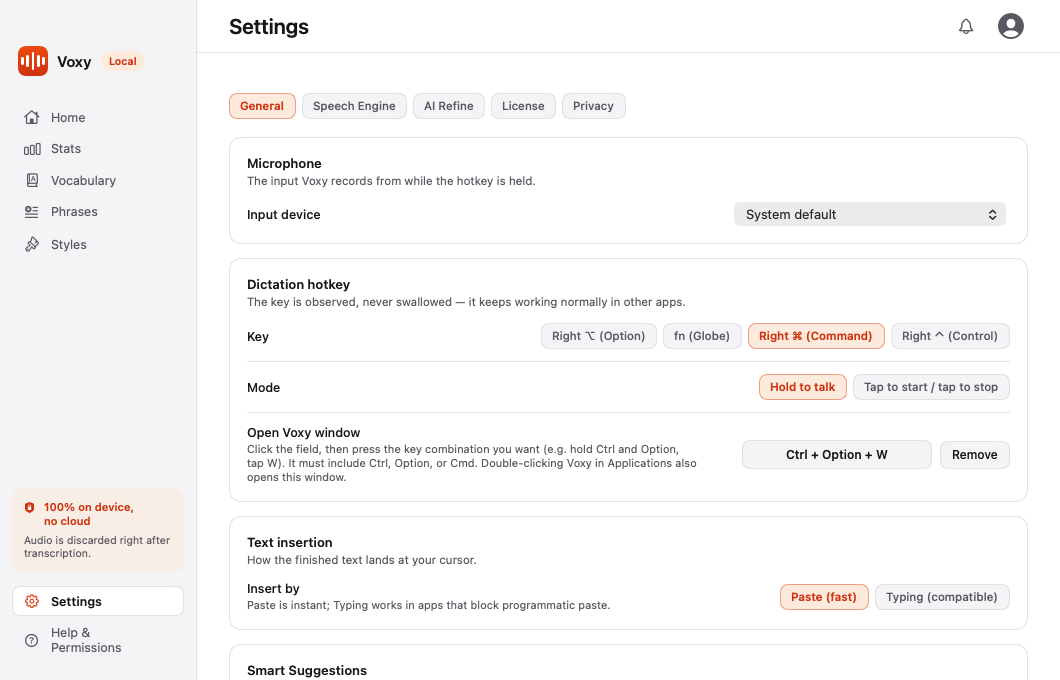 Settings, General tab