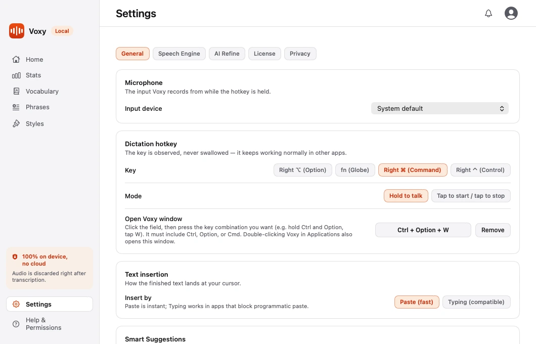 Settings, General tab